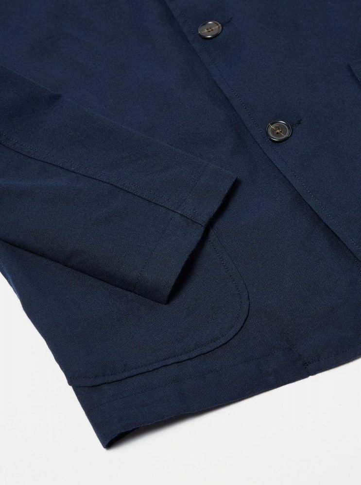 Universal Works Mens jackets. | Universal Works Three Button Jacket in Navy Cotton Mix Suiting