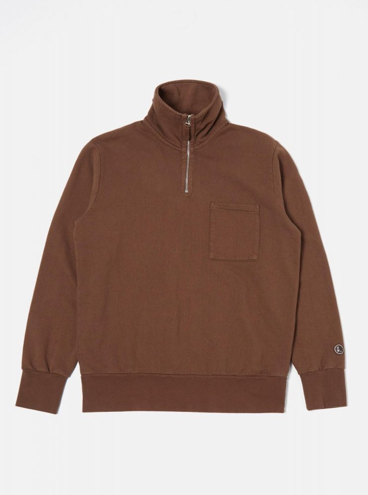 Universal Works Mens tees & sweats. | Universal Works Half Zip Sweatshirt in Brown Dry Handle Brushback
